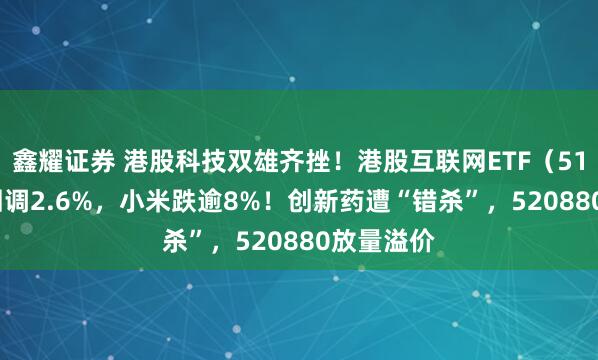 鑫耀证券 港股科技双雄齐挫！港股互联网ETF（513770）回调2.6%，小米跌逾8%！创新药遭“错杀”，520880放量溢价